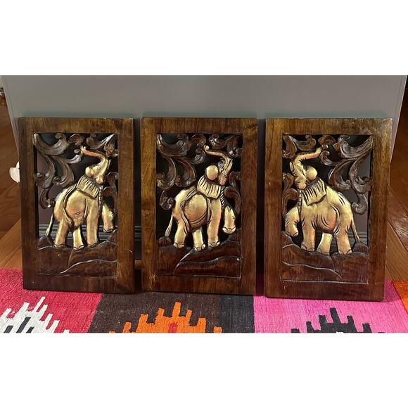 Vintage wooden wall art carved elephants set of 3 gold brown plaques India art
